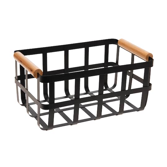 Simplify; Simplify Small Black Metal Basket with Bamboo Handles; Category:Countertop Accessories; Image:1